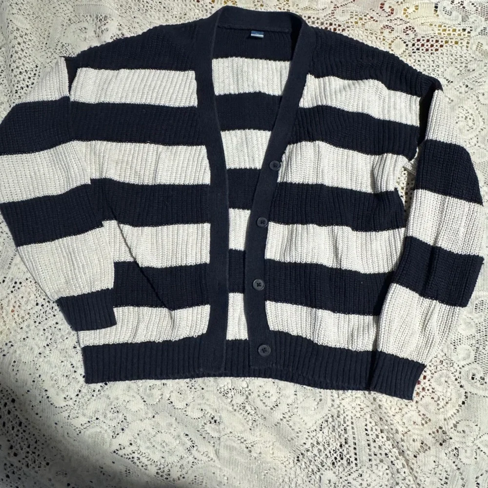 Old Navy Cardigan Sweater XL (12) Blue &‎ White Striped Knit Cotton Blend